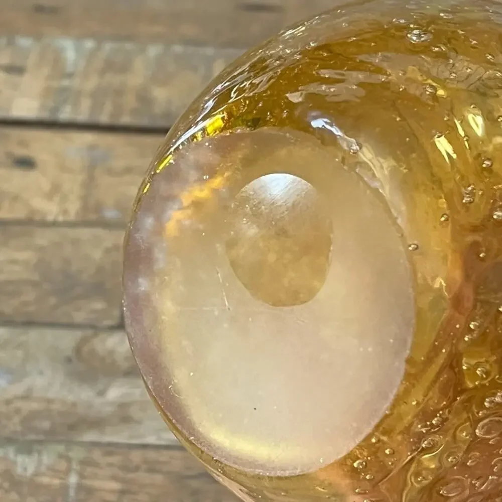 Vintage Hand Blown Glass Vase 5.5 in Amber Yellow Bubble Design w Scroll Handles